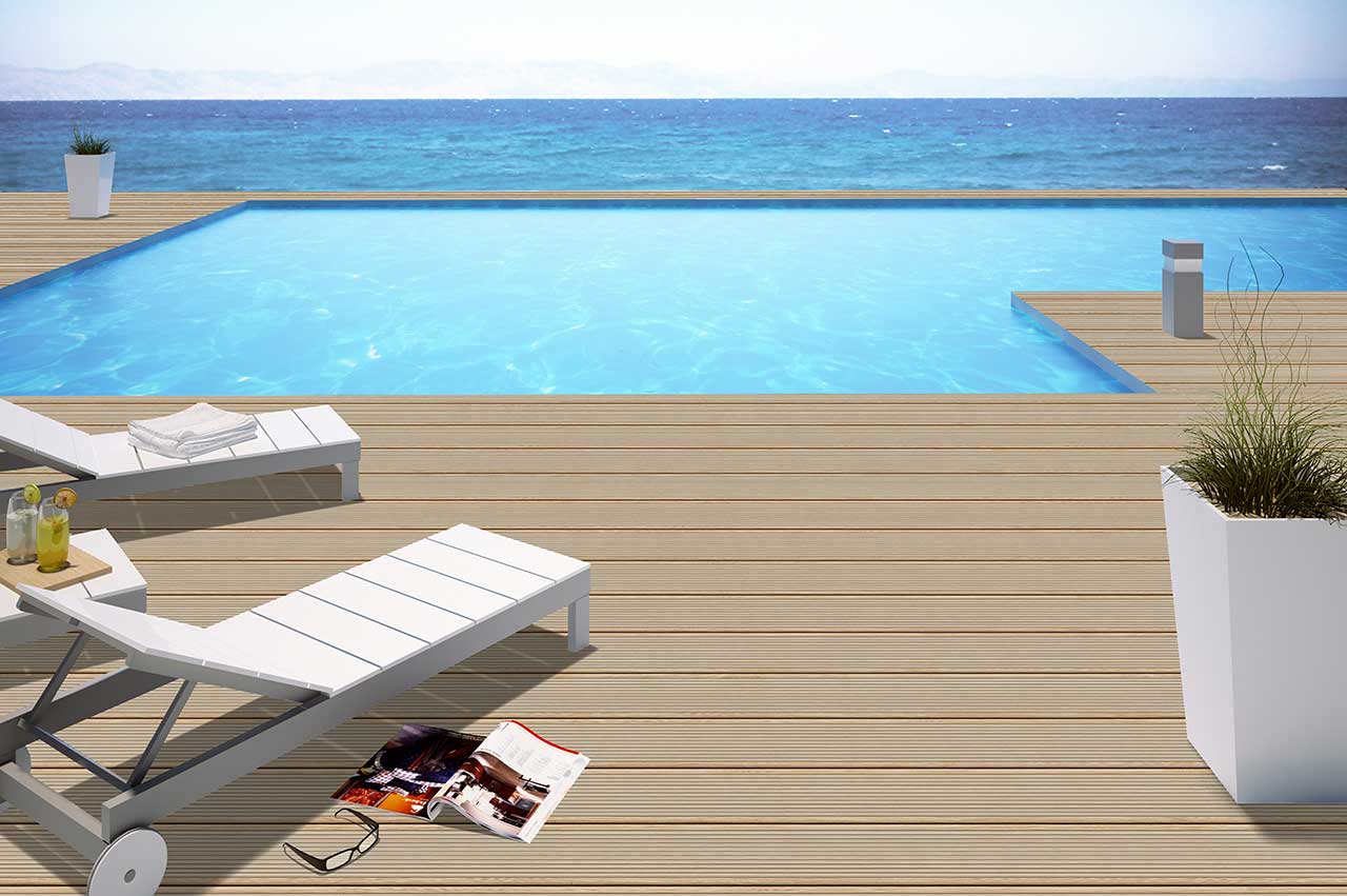 outdoor pool with outdoor plank flooring