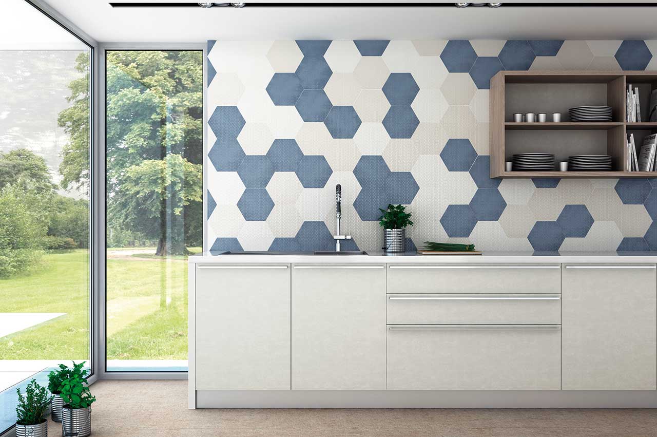 modern kitchen with hexagonal tile backsplash