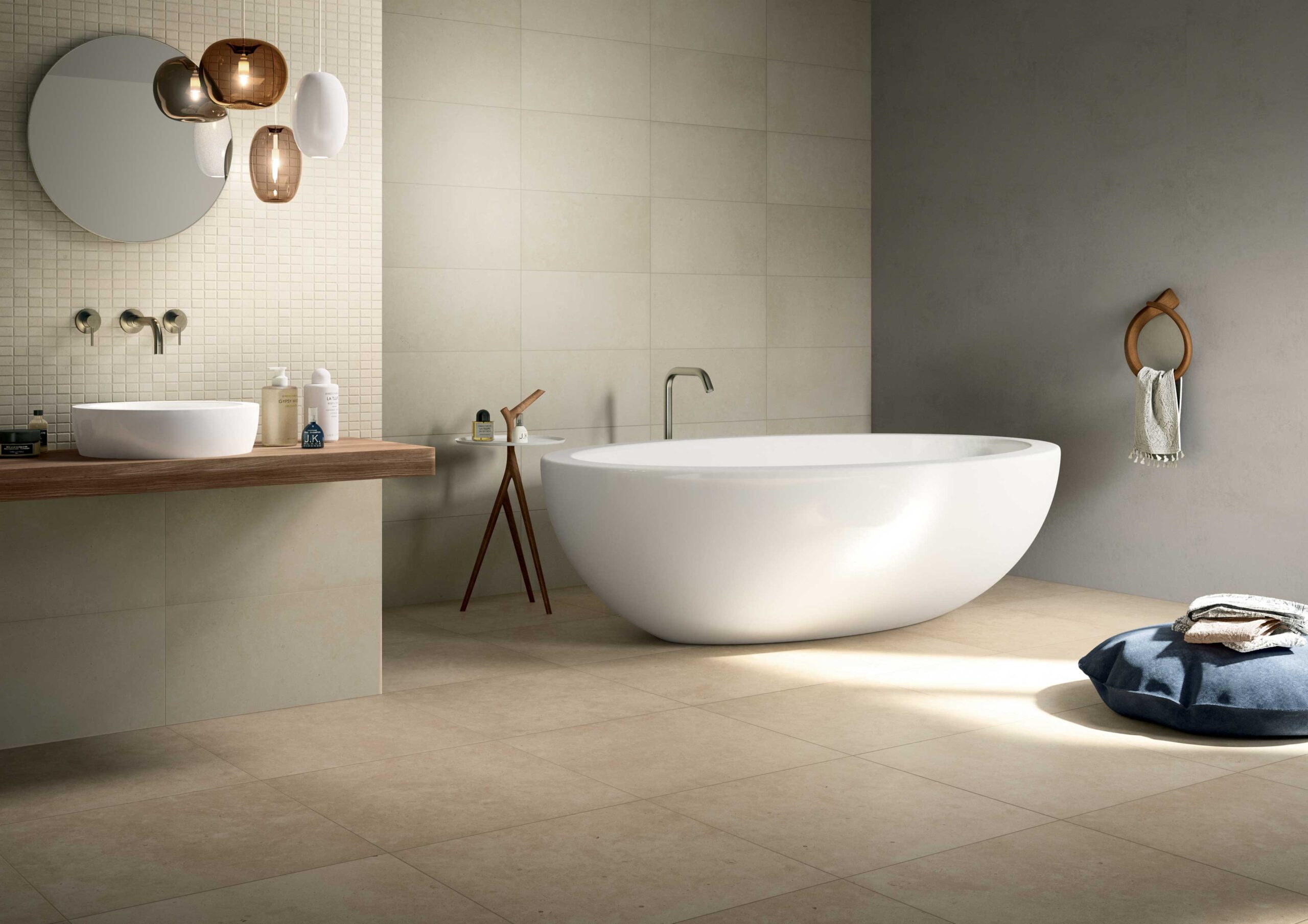 bathroom with limestone tile