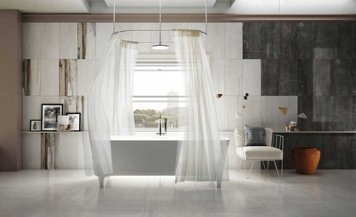 large bathroom tub with circular shower curtain