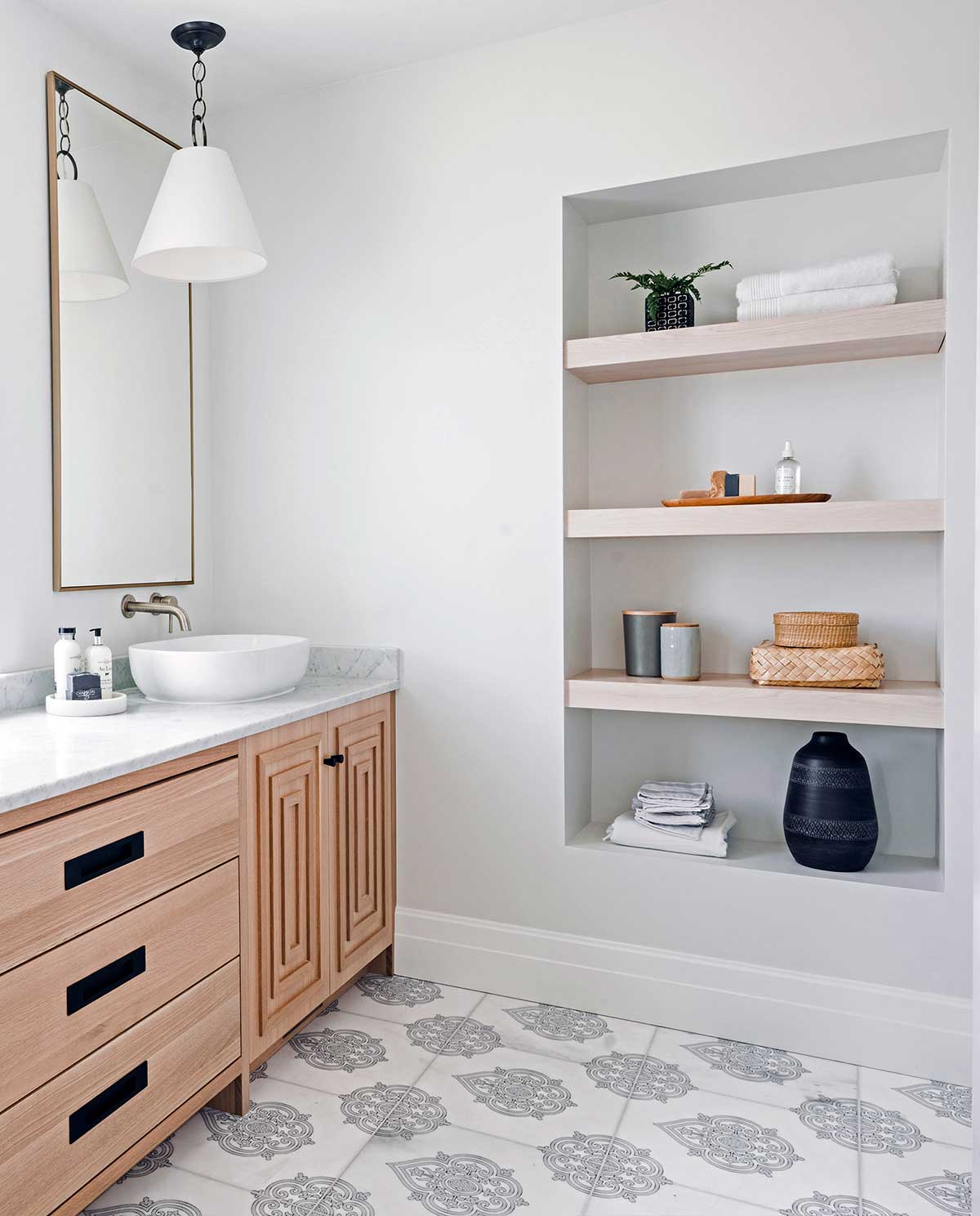 Decorative bathroom tile - Caprice Quartz on Carrara Floor Bathroom Floor