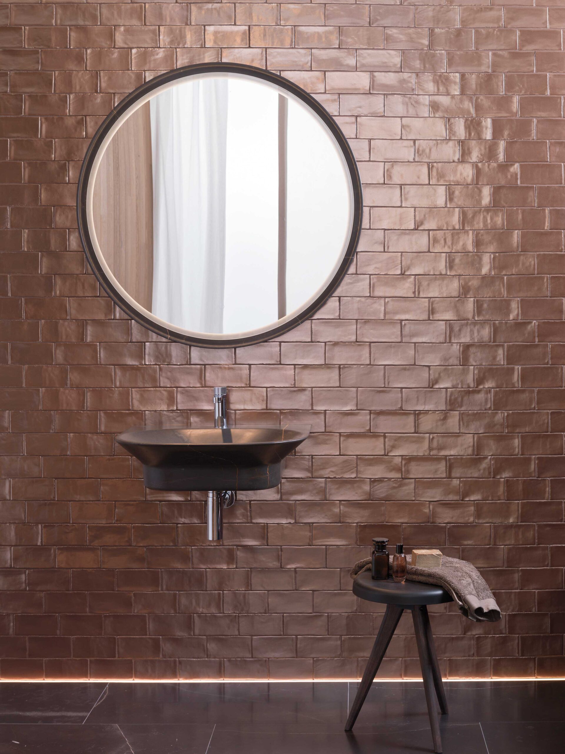 copper colored bathroom wall tile