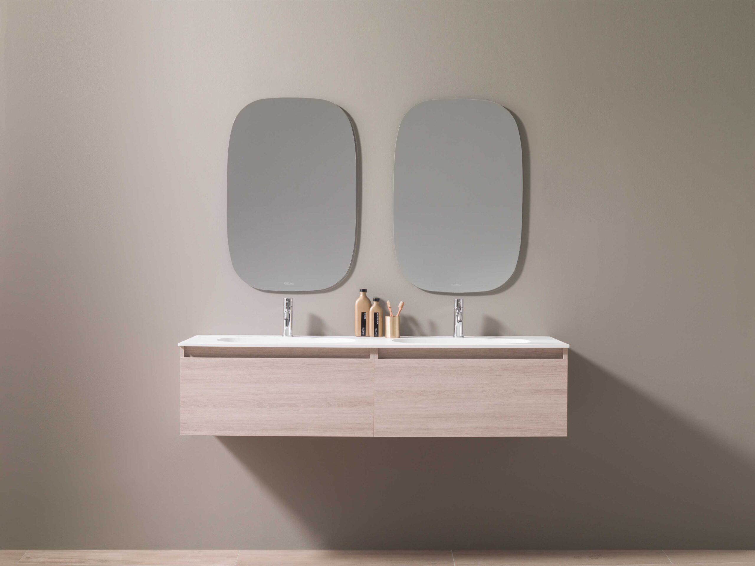 floating bathroom cabinet with 2 sinks and 2 mirrors on wall